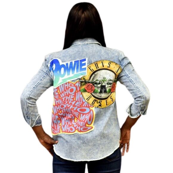 Oversized Light Wash Button Down W/ Rock Back Patch - Picture 2 of 7